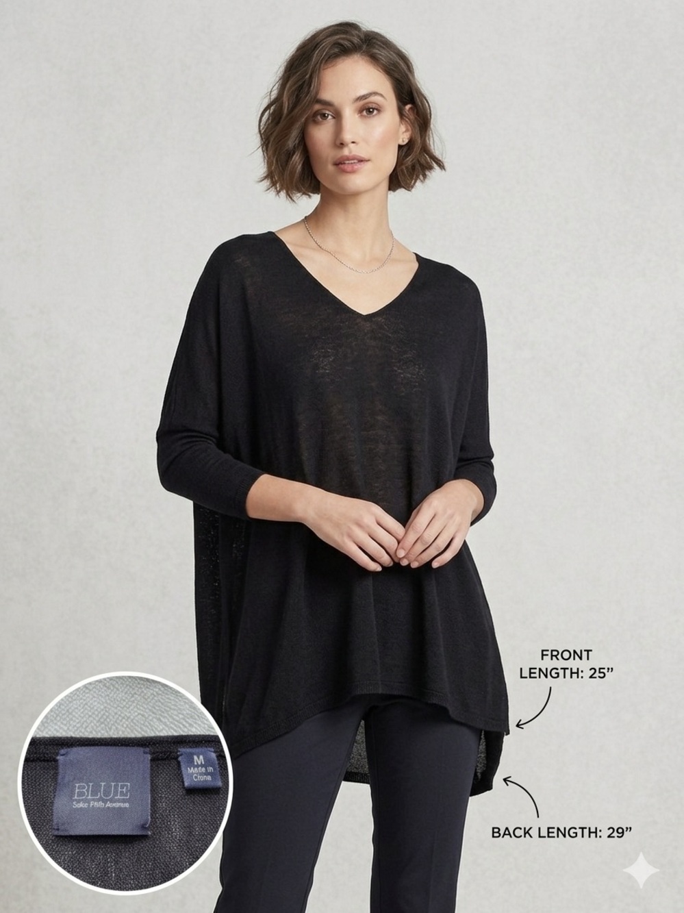 BLUE Saks Fifth Avenue Black V-Neck Knit Oversized Tunic Top - Size M